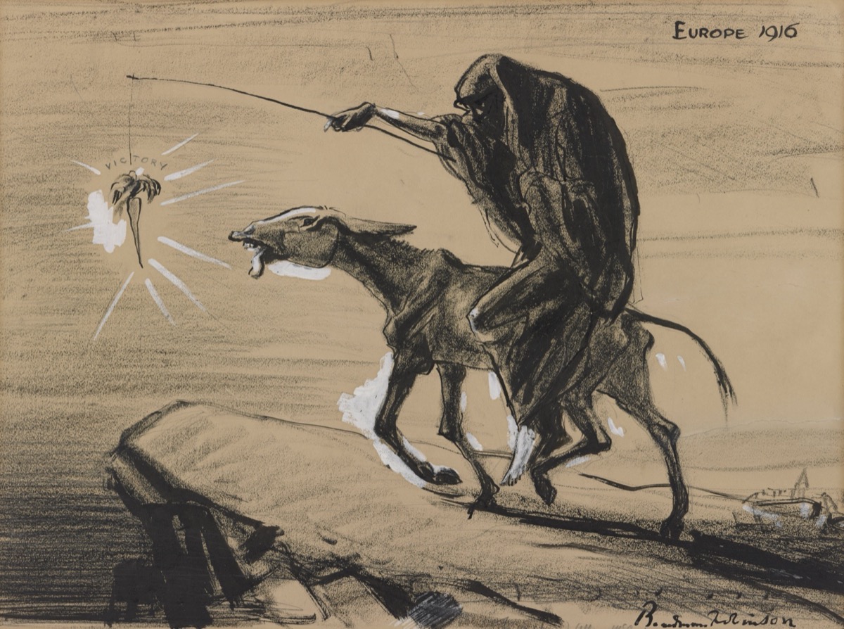 Карикатура Бордмана Робинсона «Европа, 1916»: всадник гонит осла морковкой к пропасти