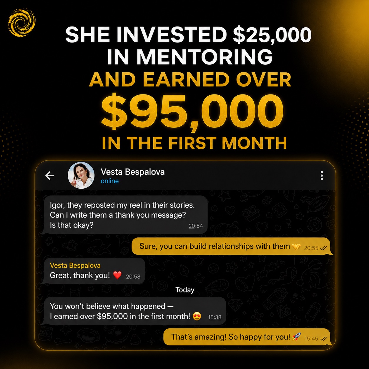 Vesta Bespalova case proof — $95,000 in the first month